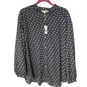 NWT $118 Max Studio Polka Dot Blouse 3X Plus Size Black Button Details Ruffle Ac